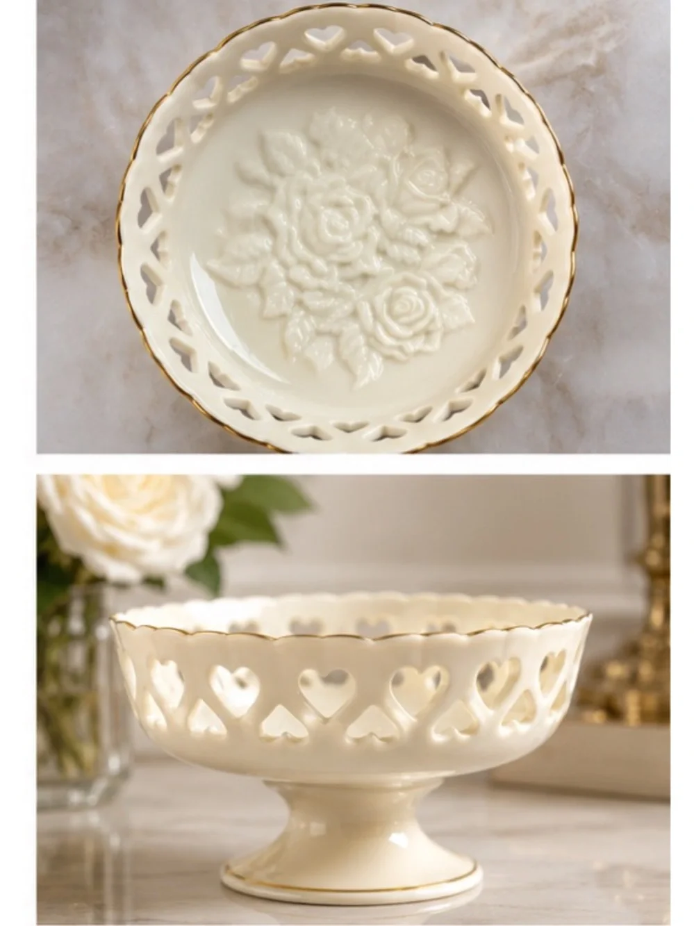 Lenox Ivory Heart-Lace Pedestal Compote with Gold Trim